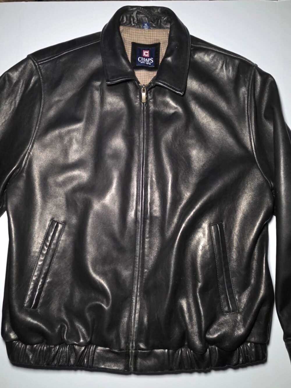Vintage Chaps Mens Black Soft Leather Bomber Jacket With Lining Size XL